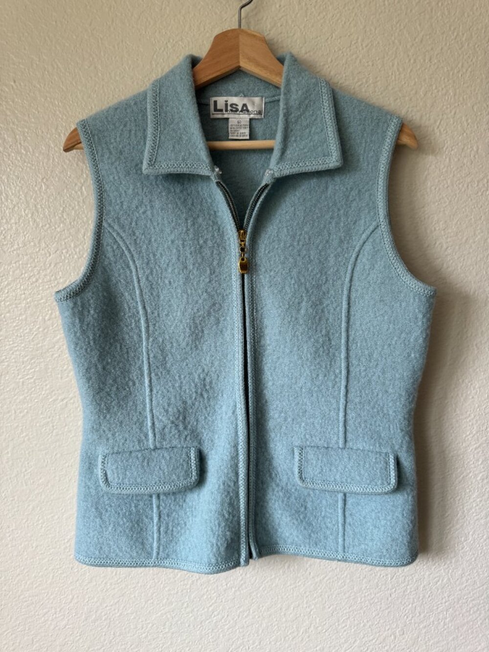 Vtg 90's Lisa International Boiled Wool Vest Sz Sm Light Blue Classic Pockets